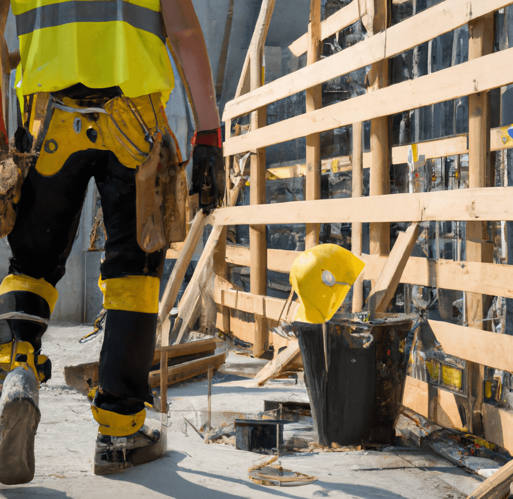 Construction Worker On Construction Site Using Timber And Tools