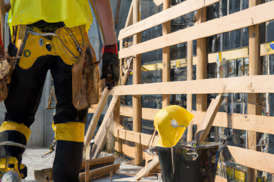 Get It Done Construction Worker On Construction Site Using Timber And Tools 1-min